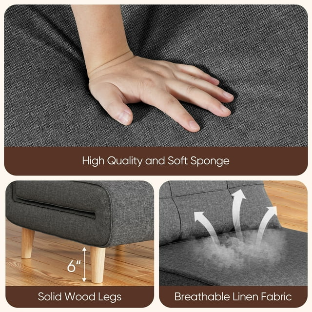 3-in-1 Convertible Sofa Bed with Sturdy Wood Legs - Sleeper Chair for Small Spaces, Living Room - Dark Grey