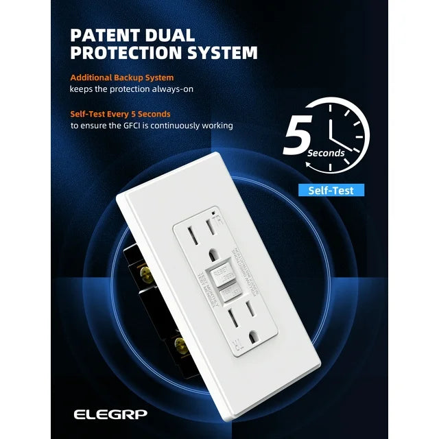ELEGRP GFCI Outlet 15 Amp, Self-Test GFI Electrical Outlet with Thinner Design, TR Tamper Resistant GFCI Receptacle, Ground Fault Circuit Interrupters with Screwless Wall Plate, UL Listed, White 10PC