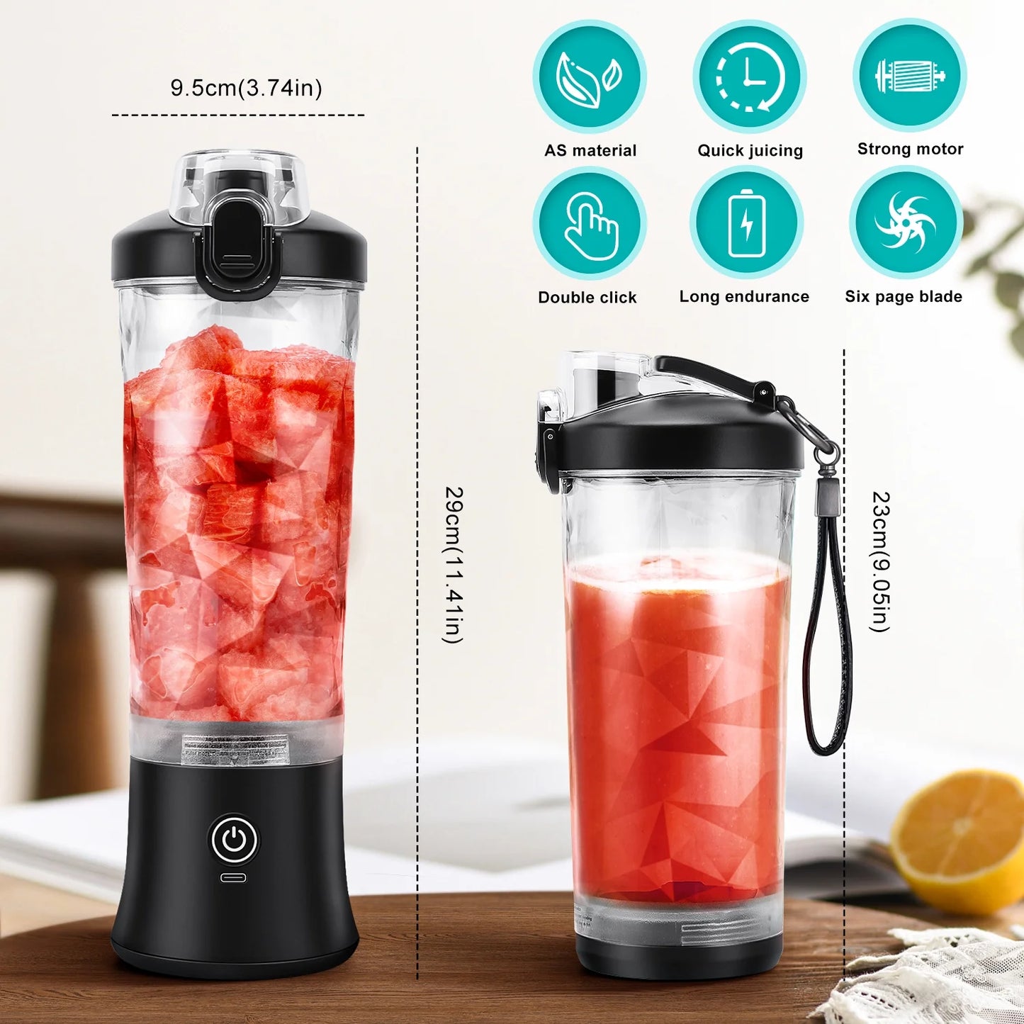 Portable Blender for Smoothies, 20oz Small Personal Blender with Travel Lid, USB Rechargeable, Single Serve Fruit Mixer for Kitchen, Black